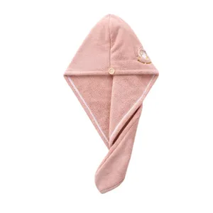 Serviette seche-cheveux en microfibre rose pour femmes, turban de douche absorbant avec bouton.