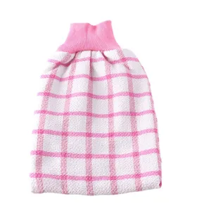 Guante de bano exfoliante a cuadros rosa y blanco doble capa para limpieza corporal