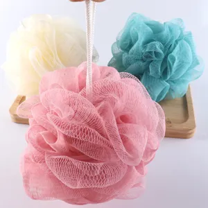 Colorful mesh bath sponge set with hanging string, soft PE body scrubber for daily shower.