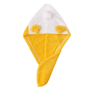 Cute coral fleece hair drying towel with cartoon chick design, super absorbent quick dry cap.