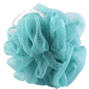 Light blue mesh bath sponge shower loofah scrubber with white hanging loop design