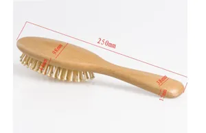 Wooden hair brush detail view showing precise dimensions, natural beech wood airbag massage comb.