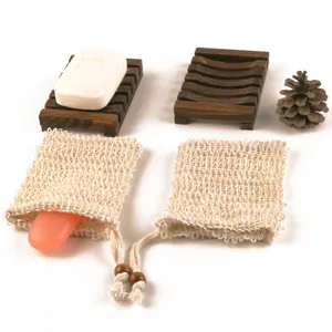 Wooden soap dish and ramie soap bag set, eco-friendly bathroom soap holder and mesh pouch.