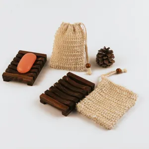 Wooden soap dish and ramie mesh soap saver bag set for natural bathroom organization details