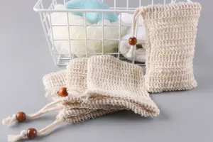 Natürliche Baumwolle Leinen Seifensack handgemachte Peeling Mesh Beutel mit Kordelzug und Holzperle.
