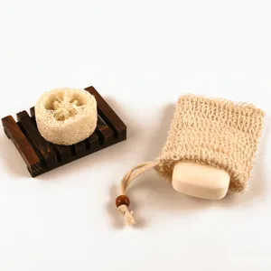 Wooden soap holder and ramie soap saver bag set with natural loofah sponge for bathroom.