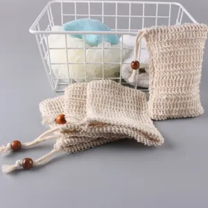 Natürliches Baumwolle Leinen Seifennetz Beutel Umweltfreundlich Handgemachte Reinigungs Mesh Tasche Mit Holzperle Kordelzug