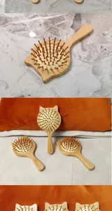 Cute cat shape wooden hair brush with air cushion massager, anti-static bamboo comb for daily hair