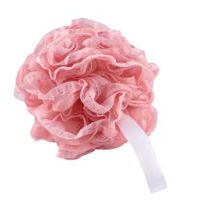 Pink mesh bath sponge with white ribbon loop, large exfoliating body scrubber for shower.