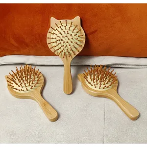 Cute cat ear wooden hair brush with bamboo cushion pins anti-static massage comb for girls