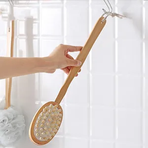 Cepillo de baño con mango largo de madera y nudos de masaje, exfoliante corporal.