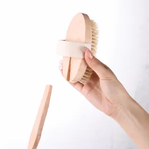 Wooden bath brush with detachable handle natural bristle body scrubber for dry skin shower