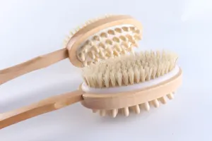 Wooden double sided bath brush with natural boar bristles and relaxing massage nodes for shower.