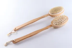 Wooden double-sided body bath brush with soft bristles and massage nodes for shower use.