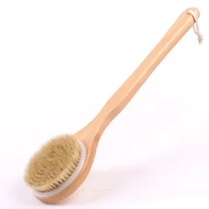 Long Handle Wooden Bath Brush Natural Boar Bristle Body Back Scrub Shower Brush with Lanyard for Exfoliating