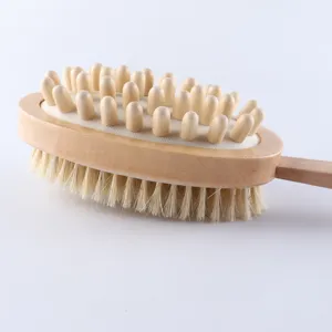 Wooden double-sided bath brush with soft bristles and massage nodes for body exfoliation.
