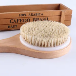 Long handle wooden bristle bath brush for body cleaning, back scrubbing and dry brushing.