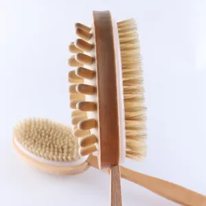 Wooden double-sided bath body brush with soft bristles and massage nodes for shower spa.