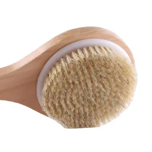 Long wooden handle body bath brush with natural bristles for dry skin and daily shower cleaning
