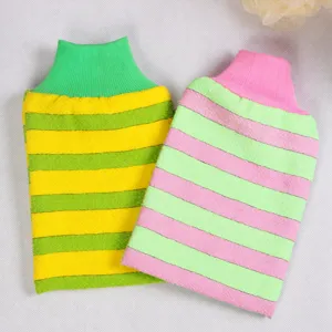 Double Layer Thickened Color Striped Rough Yarn Bathing Gloves Exfoliating Bath Glove For Bathroom Body Cleaning