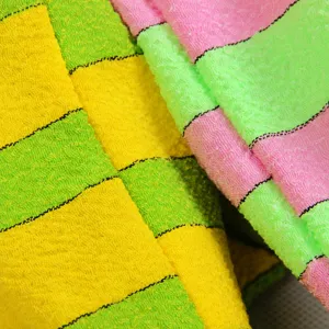 Double thick striped exfoliating bath glove rough yarn scrubbing towel for body cleaning.