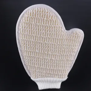 Peeling-Badehandschuh Detail mit strukturierter Mesh-Oberfläche und weißem Rippbündchen.