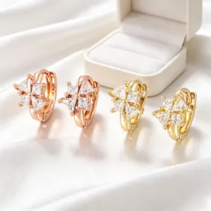 Pendientes de Aro de Aleación de Cobre Elegantes con Flor de Cuatro Pétalos Geométricos y Strass Chapado en Oro 18K 14K Joyería para Mujer