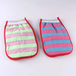 Doppelseitiger gestreifter Peeling-Badepilz-Handschuh fuer die Koerperreinigung, strapazierfaehig.