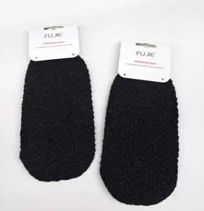 Gants de bain exfoliants noirs en nylon durable pour un nettoyage en profondeur et soin du corps.