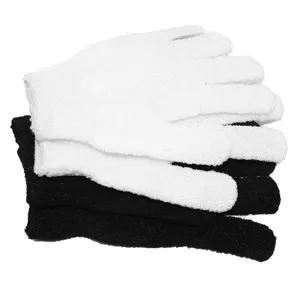 Schwarze und weiße 5-Finger-Peeling-Badehandschuhe, Detailansicht der feinen Textur.