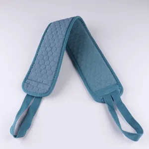 Blue exfoliating back scrubber strap with double-sided design and convenient handles for bath.