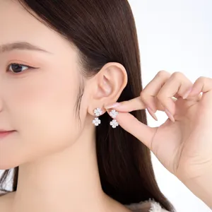 Alloy Rhinestone Four Leaf Clover Stud Earrings Light Luxury Fashion Flower Ear Jewelry For Women Party Gift