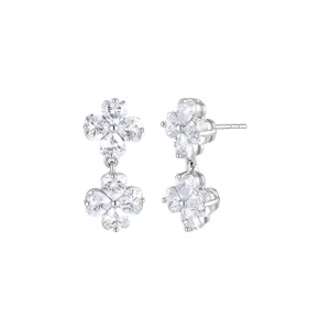 Silver plated double heart clover cubic zirconia drop earrings for women elegant jewelry main view