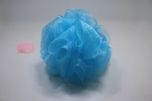Blue mesh shower puff detail showing soft nylon netting and fluffy texture for bath.