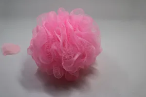 Pink mesh bath sponge shower puff for daily body cleansing, soft exfoliating bath mesh net ball.