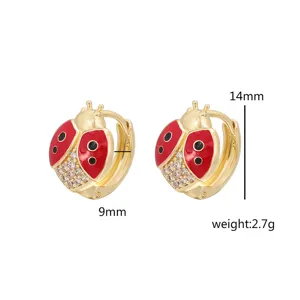 Orecchini a cerchio coccinella placcati oro smalto rosso e pietre, misura 14x9mm 2.7g.
