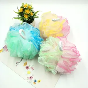 Set de esponja de ducha de malla colorida, suave bola de baño PE, gran flor para baño.