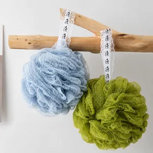 Soft mesh bath sponge in candy colors, large size body scrubber with hanging loop for shower.