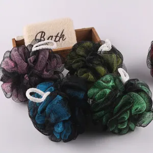 Multi-color mesh bath sponge shower puff set with convenient hanging cord for daily cleaning.