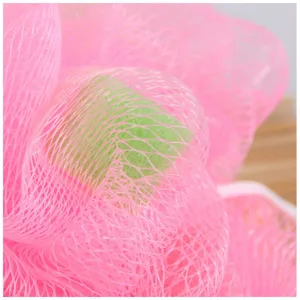 Pink mesh bath sponge with soft core, great for daily body scrubbing and rich bubbles.