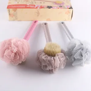 Long handle bath body brush with soft mesh sponge and scrubbing bristles, 3 colors.