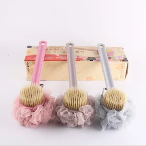 Long handled bath brush with soft bristles and loofah puff for deep body scrubbing and back cleaning.