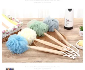 Éponge de bain à long manche et filet souple brosse de douche en bois pour le corps