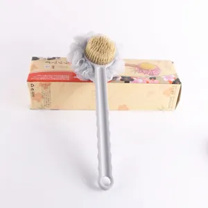 Long handle bath brush with soft bristles and mesh sponge for body exfoliating back cleaning.