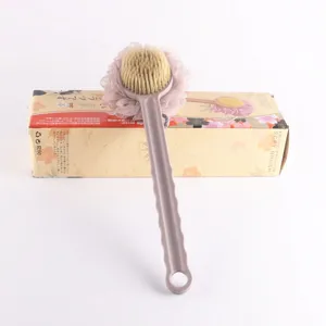 Long handled bath brush with soft bristles and mesh sponge for back scrubbing and deep body cleaning.
