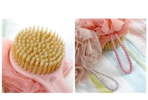 Long handled bath body brush with soft bristles and exfoliating mesh sponge for shower cleaning.