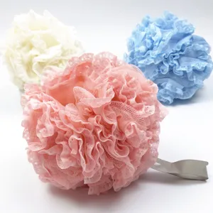 Esponja de ducha suave de malla con encaje, gran puf de baño con cinta colgante para el cuerpo.