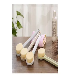 Long handled bath brush with soft bristles and ergonomic handle for easy back scrubbing.