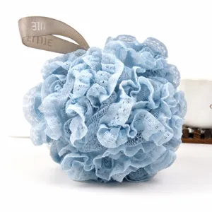 Esponja de baño de red de encaje azul, suave puff de ducha con correa colgante para el cuerpo.