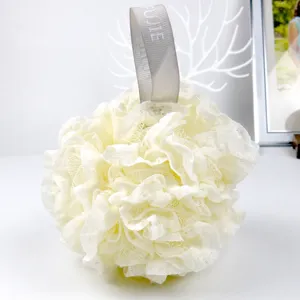 Esponja de baño de malla de encaje blanco lechoso con correa, puf de ducha suave para el cuerpo.